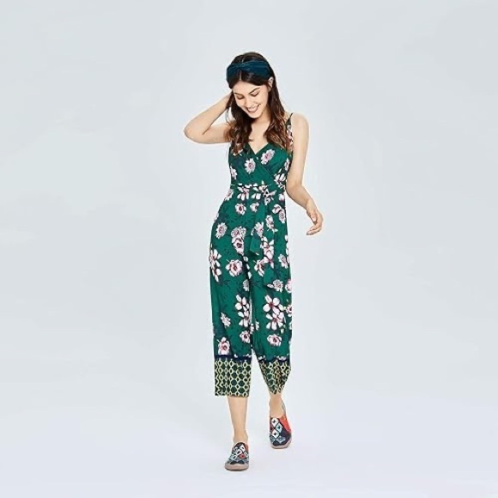 Forever21 green floral jumpsuit